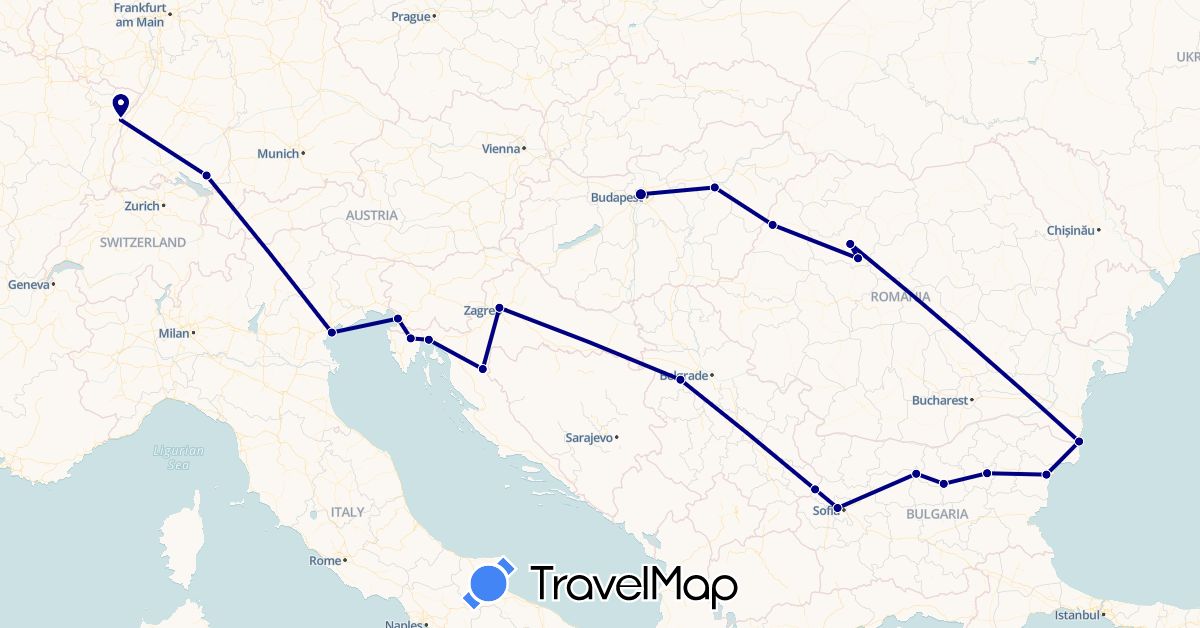 TravelMap itinerary: driving in Bulgaria, Germany, France, Croatia, Hungary, Italy, Romania, Serbia (Europe)